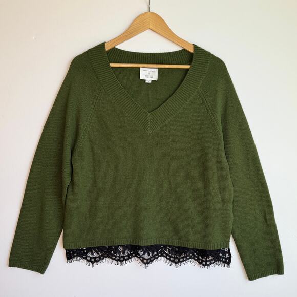 Robert Rodriguez V Neck Pullover Sweater Medium Green Black Lace Trim Wool Blend - Picture 1 of 16